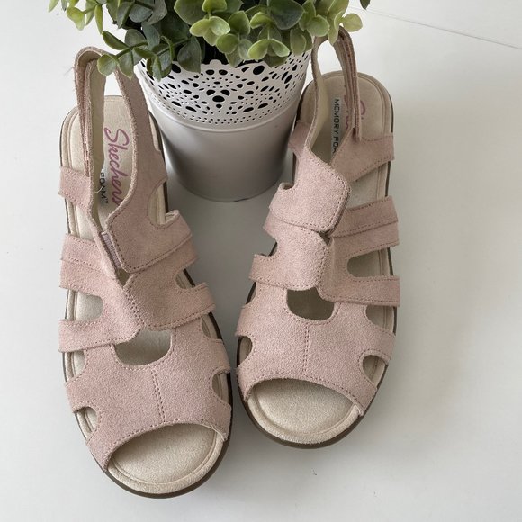 Skechers Shoes - Skechers Suede Peep Toe Blush Pink Sling Back Sandal Wedges Memory Foam
